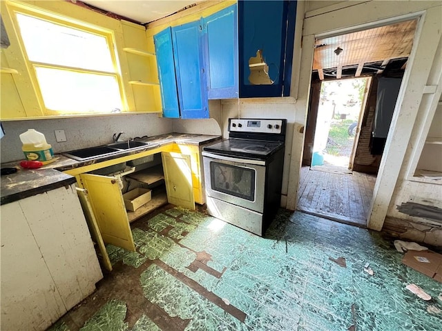 kitchen with stainless steel range with electric stovetop, sink, a healthy amount of sunlight, and blue cabinetry