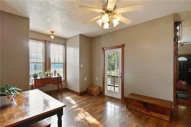 interior space featuring ceiling fan, wood finished floors, and baseboards