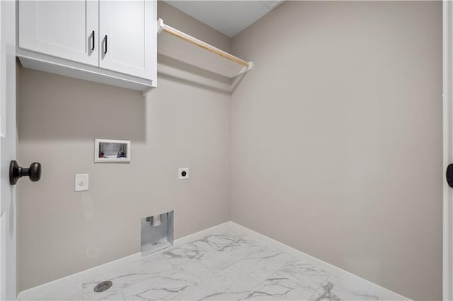 16993 W 164th Ter, Olathe, KS 66062 - laundry room featuring electric dryer hookup, marble look tiles, cabinet space, washer hookup, and baseboards