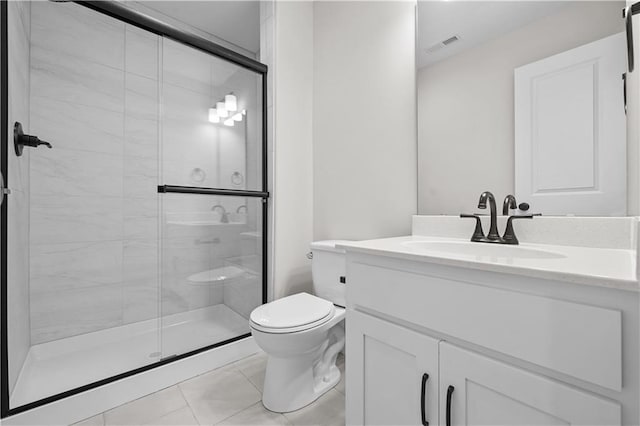 bathroom featuring visible vents, vanity, a shower stall, and toilet