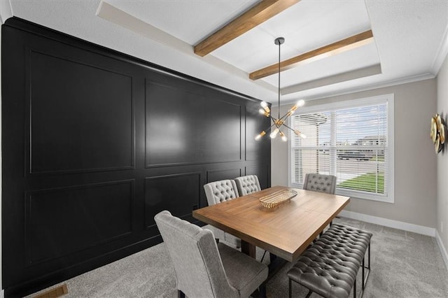 19019 W 169th Pl, Olathe, KS 66062 - dining space with a decorative wall, light colored carpet, a raised ceiling, a notable chandelier, and beam ceiling