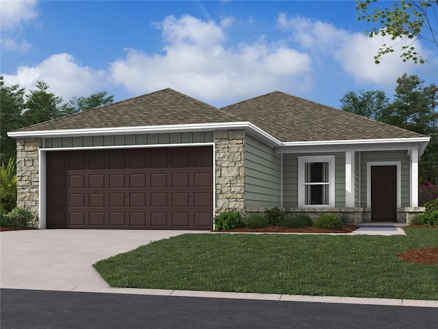 single story home featuring an attached garage, stone siding, roof with shingles, board and batten siding, and a front yard