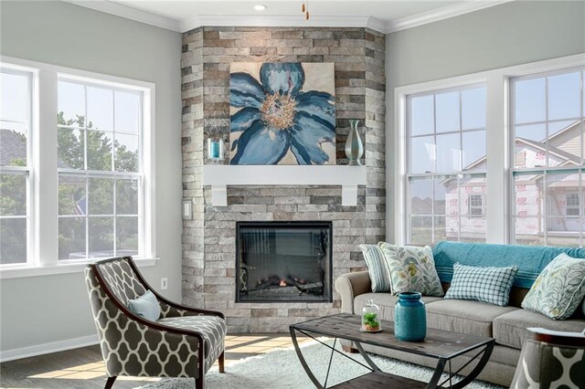 living room featuring a fireplace, crown molding, and wood-type flooring