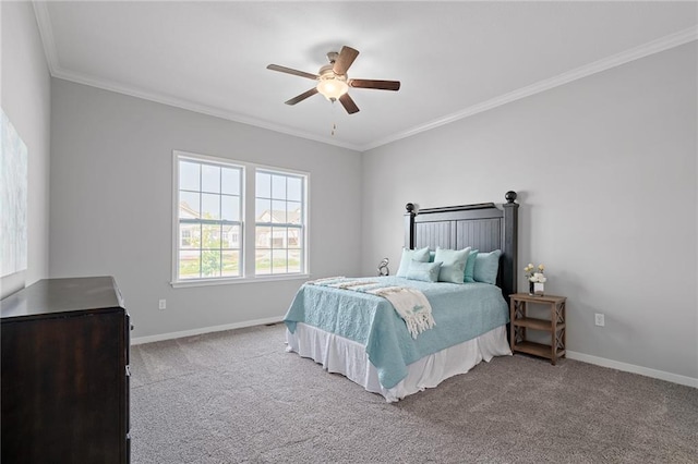 bedroom featuring light colored carpet, ornamental molding, and ceiling fan