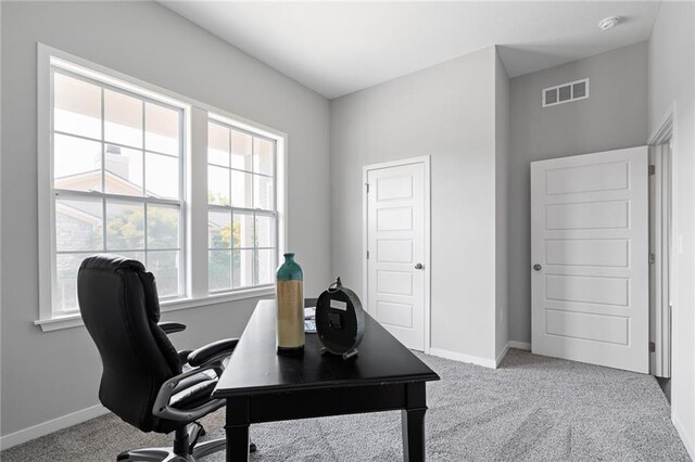 office with carpet flooring and a healthy amount of sunlight