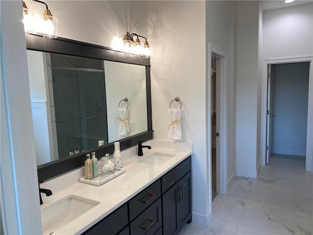16445 S Elmridge St, Olathe, KS 66062 - bathroom featuring a sink, baseboards, double vanity, and marble finish floor