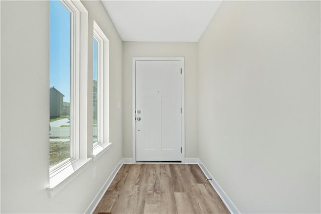 entryway with baseboards and wood finished floors