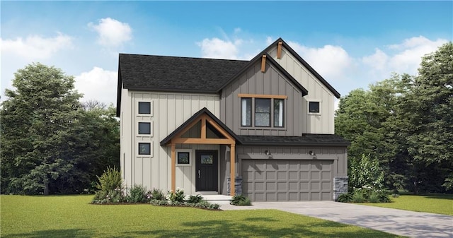 modern farmhouse style home featuring board and batten siding, a shingled roof, a front lawn, concrete driveway, and an attached garage