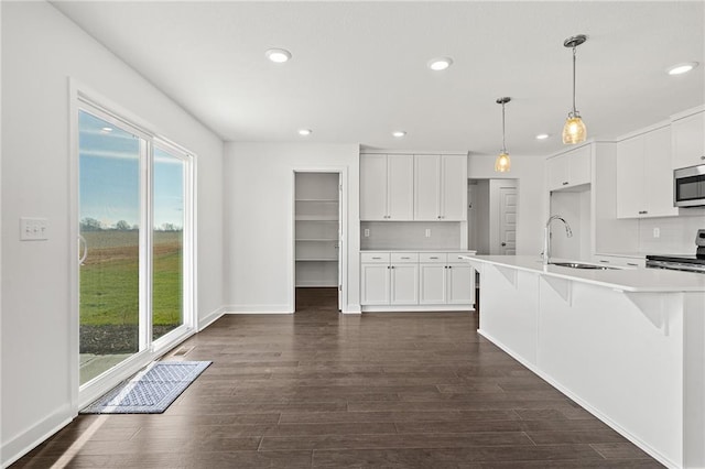 kitchen with sink, plenty of natural light, dark wood-type flooring, and stove