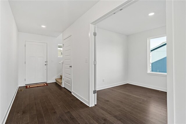 entrance foyer with a wealth of natural light and dark hardwood / wood-style floors