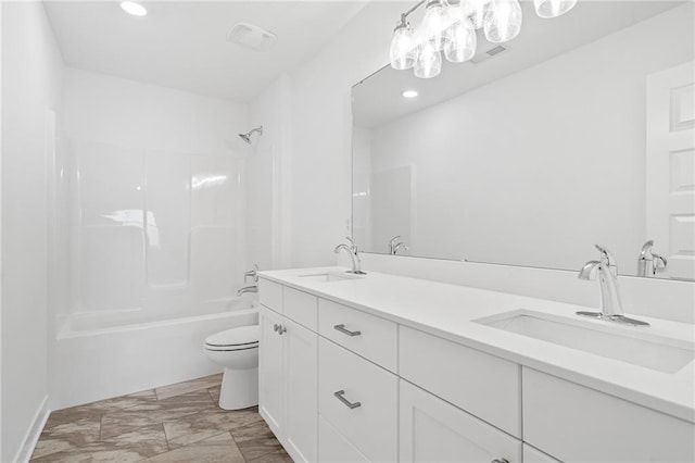 full bathroom with dual vanity, shower / bathing tub combination, toilet, and tile patterned flooring