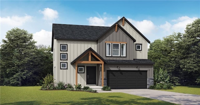 408 Woodview Dr, Raymore, MO 64083 - view of front of house featuring board and batten siding, a garage, driveway, and roof with shingles