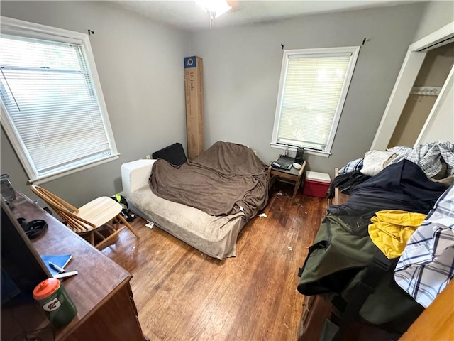 bedroom with dark hardwood / wood-style flooring and a closet