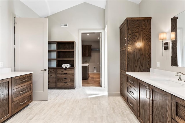 bathroom with lofted ceiling, hardwood / wood-style floors, and vanity