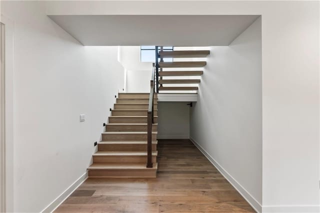 staircase with hardwood / wood-style floors