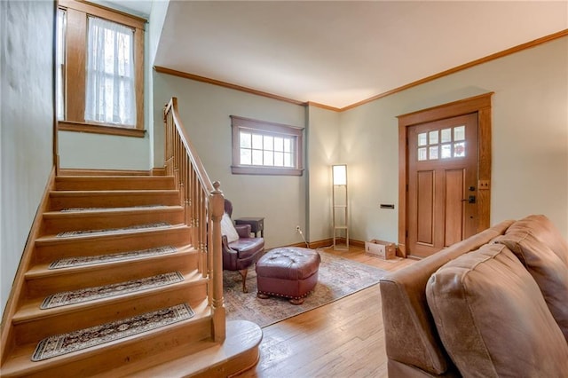 foyer with light hardwood / wood-style floors and crown molding