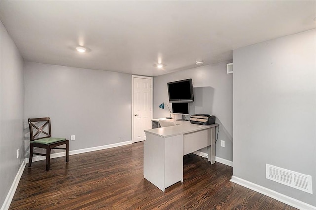 office featuring baseboards, visible vents, and dark wood-style flooring