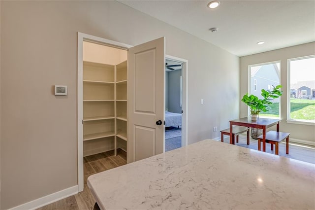 kitchen featuring ceiling fan, light hardwood / wood-style flooring, and light stone countertops