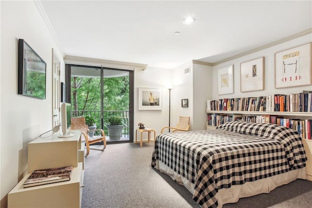 carpeted bedroom featuring access to exterior, visible vents, and crown molding