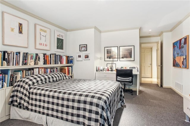 bedroom featuring ornamental molding, visible vents, carpet floors, and baseboards