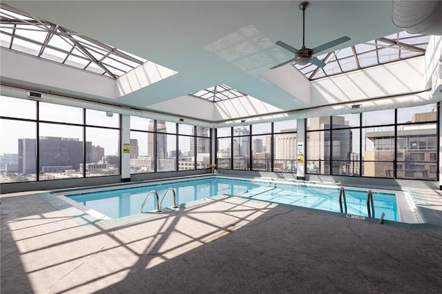 view of pool with a skylight and ceiling fan