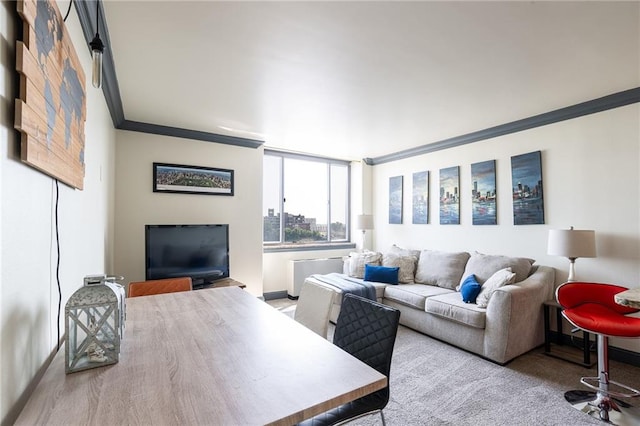 living room featuring light colored carpet, radiator heating unit, and ornamental molding