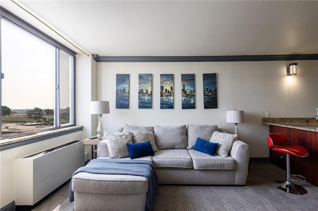 700 E 8th St Unit 11P, Kansas City, MO 64106 - carpeted living room featuring crown molding, a dry bar, and baseboards