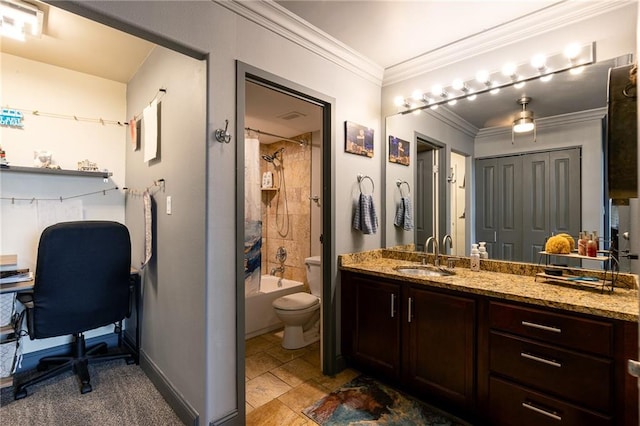 full bathroom with tiled shower / bath combo, vanity, toilet, and crown molding