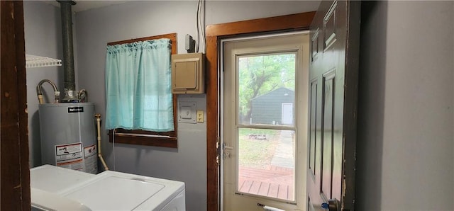 doorway to outside featuring washer / clothes dryer, water heater, and electric panel