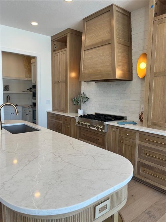 kitchen featuring a sink, open shelves, backsplash, light wood-style floors, and appliances with stainless steel finishes