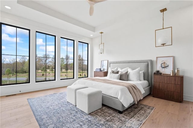 1816 NE Lashbrook Cir, Lees Summit, MO 64086 - bedroom featuring light wood-type flooring, a ceiling fan, visible vents, and recessed lighting