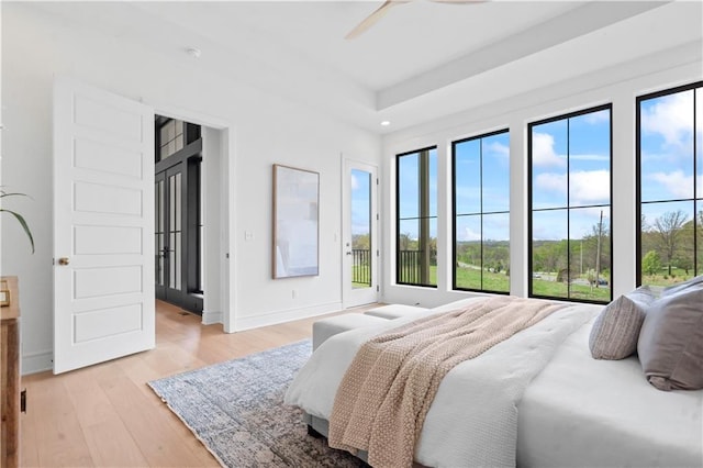 1816 NE Lashbrook Cir, Lees Summit, MO 64086 - bedroom featuring recessed lighting, access to exterior, baseboards, light wood-style flooring, and ceiling fan