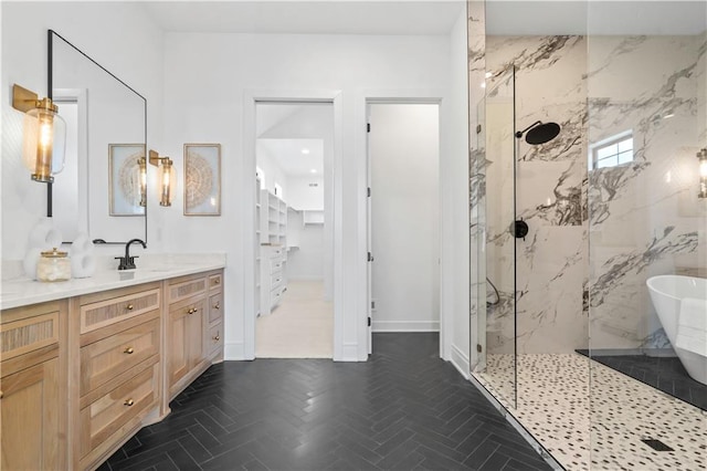 1816 NE Lashbrook Cir, Lees Summit, MO 64086 - bathroom featuring vanity, baseboards, a soaking tub, and a marble finish shower