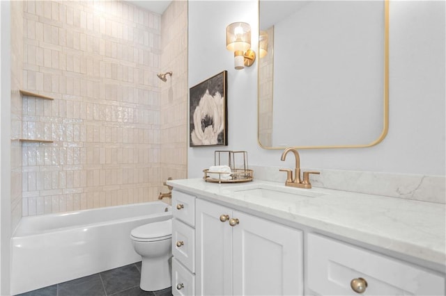 1816 NE Lashbrook Cir, Lees Summit, MO 64086 - bathroom featuring shower / bathing tub combination, vanity, tile patterned flooring, and toilet