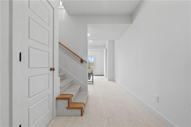 1816 NE Lashbrook Cir, Lees Summit, MO 64086 - hall with recessed lighting, baseboards, carpet flooring, and stairs