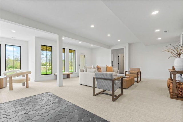 1816 NE Lashbrook Cir, Lees Summit, MO 64086 - living room with light colored carpet, baseboards, and recessed lighting