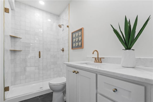 1816 NE Lashbrook Cir, Lees Summit, MO 64086 - bathroom featuring tile patterned floors, toilet, recessed lighting, a shower stall, and vanity