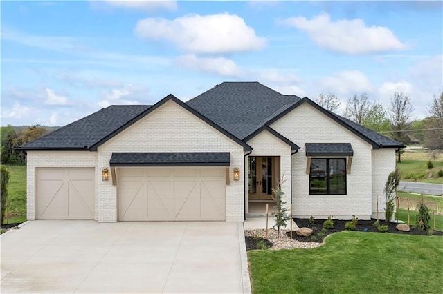 1816 NE Lashbrook Cir, Lees Summit, MO 64086 - modern farmhouse style home with brick siding, a front lawn, driveway, and a garage