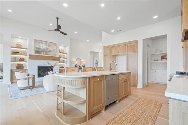 1816 NE Lashbrook Cir, Lees Summit, MO 64086 - kitchen with a ceiling fan, open shelves, a sink, built in shelves, and dishwashing machine