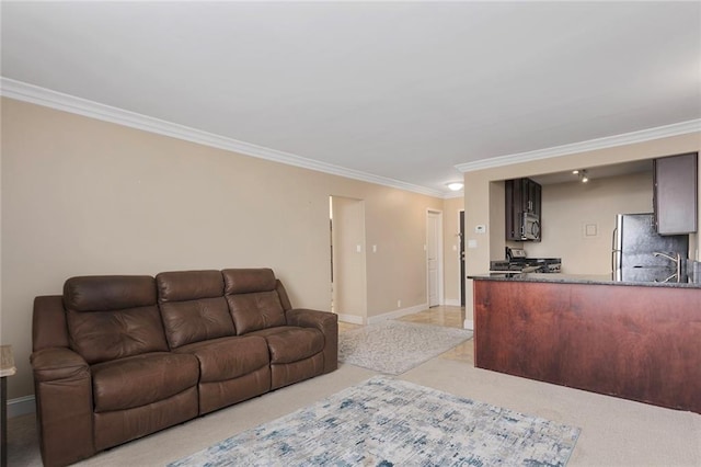 living room featuring light colored carpet and crown molding