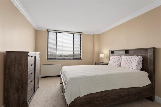 carpeted bedroom featuring crown molding