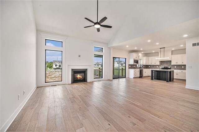 unfurnished living room featuring light hardwood / wood-style flooring, high vaulted ceiling, and ceiling fan