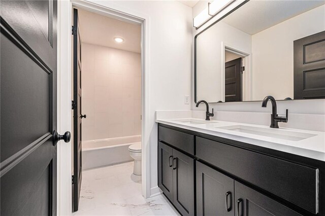 full bathroom with vanity, toilet, and shower / bathtub combination with curtain