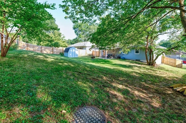 view of yard with a storage shed