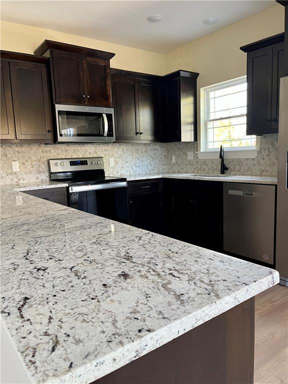 kitchen with dark brown cabinets, stainless steel appliances, light hardwood / wood-style floors, and decorative backsplash