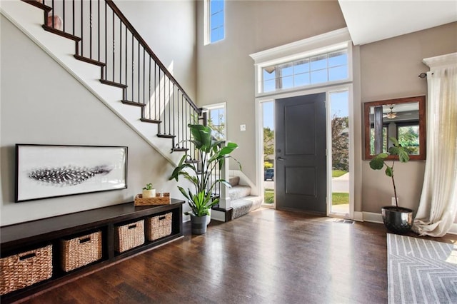 entrance foyer with a towering ceiling, dark hardwood / wood-style floors, and plenty of natural light