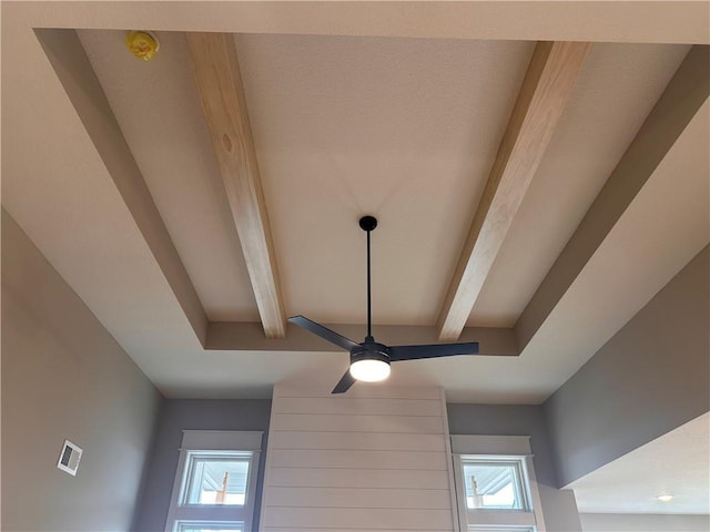 details with ceiling fan and beam ceiling