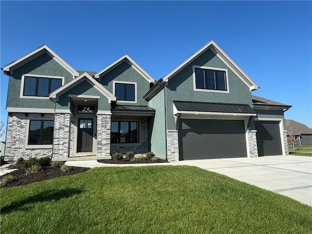 craftsman inspired home with a front lawn and a garage