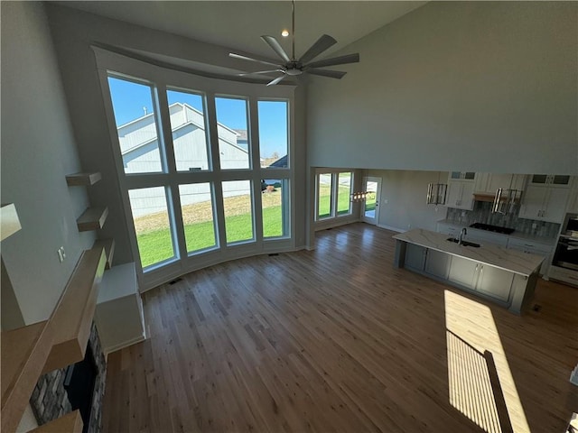 unfurnished living room with a healthy amount of sunlight and dark hardwood / wood-style flooring