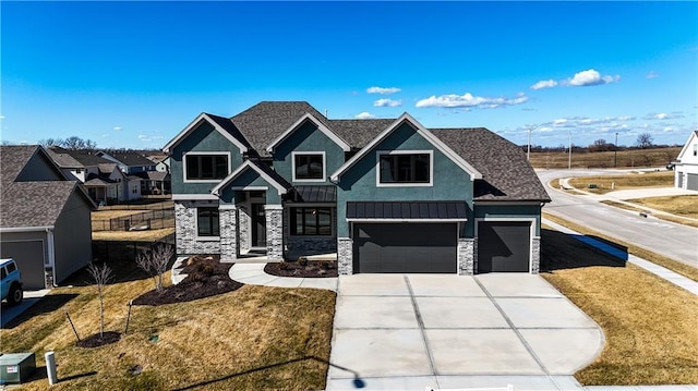 craftsman inspired home featuring stucco siding, a garage, a residential view, stone siding, and driveway